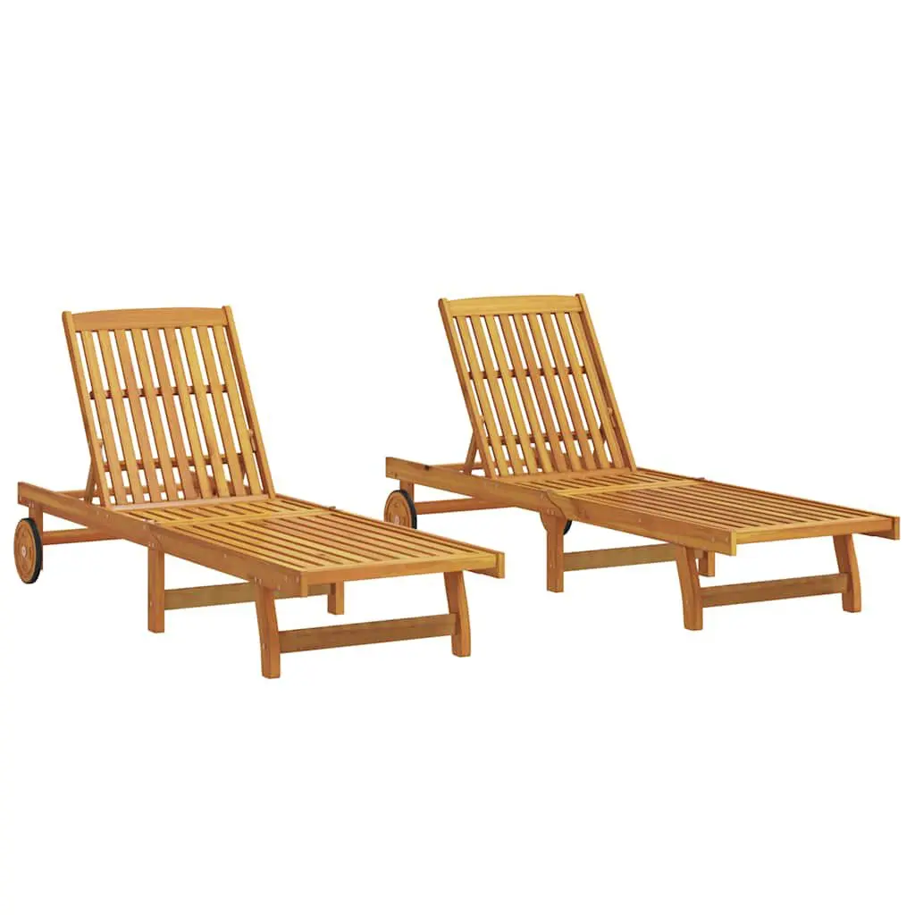 2-Piece Solid Acacia Wood Sun Loungers Outdoor Poolside Chaise Lounge