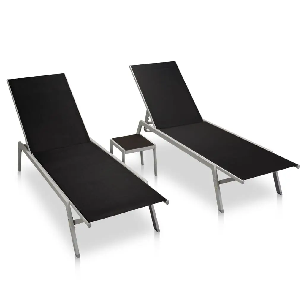 2-Piece Sun Loungers Set Table - Steel Frame & Textilene Fabric Black