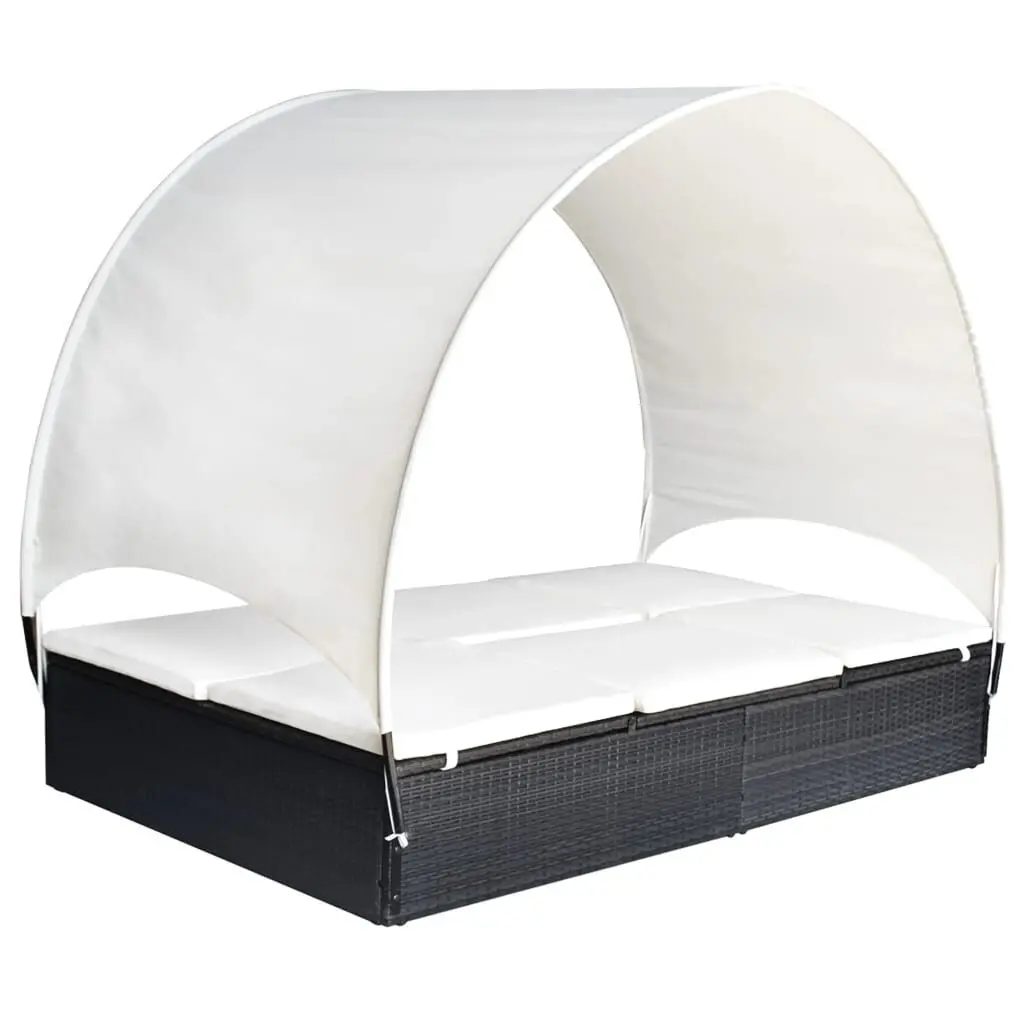 Double Sun Lounger Canopy Poly Rattan Black Outdoor Furniture