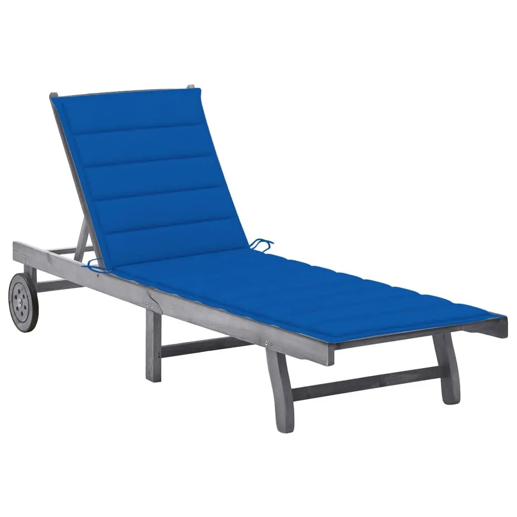 Patio Sun Lounger Cushion Gray Solid Wood Acacia Outdoor Furniture
