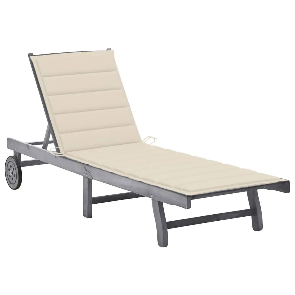 Patio Sun Lounger Cushion Gray Solid Acacia Wood Relaxation Furniture