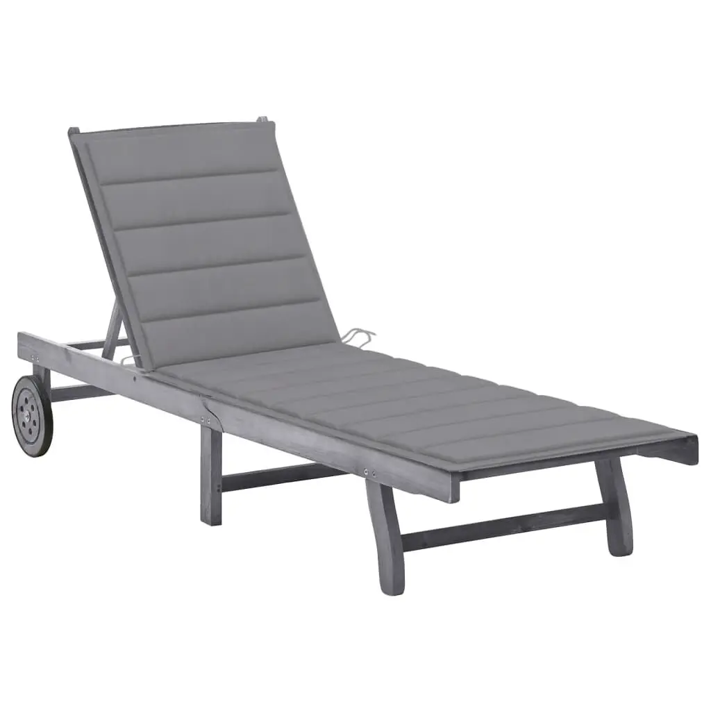 Patio Sun Lounger Cushion Gray Solid Acacia Wood Outdoor Lounger