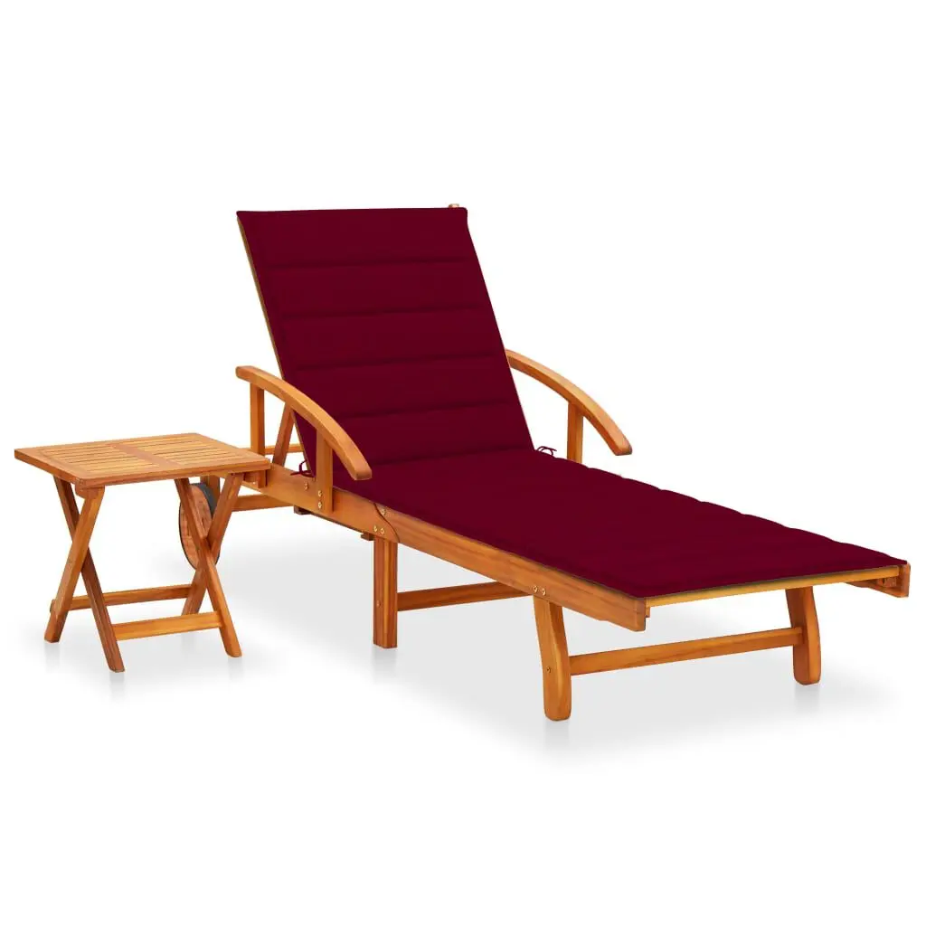 Patio Sun Lounger Table and Cushion Solid Acacia Wood Outdoor Furniture