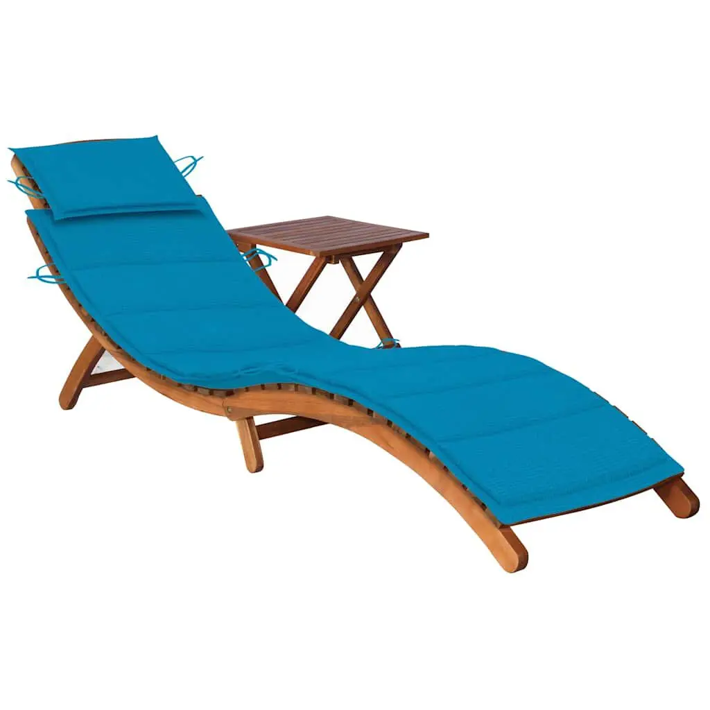 Patio Sun Lounger Table and Cushion Solid Acacia Wood Outdoor Chair