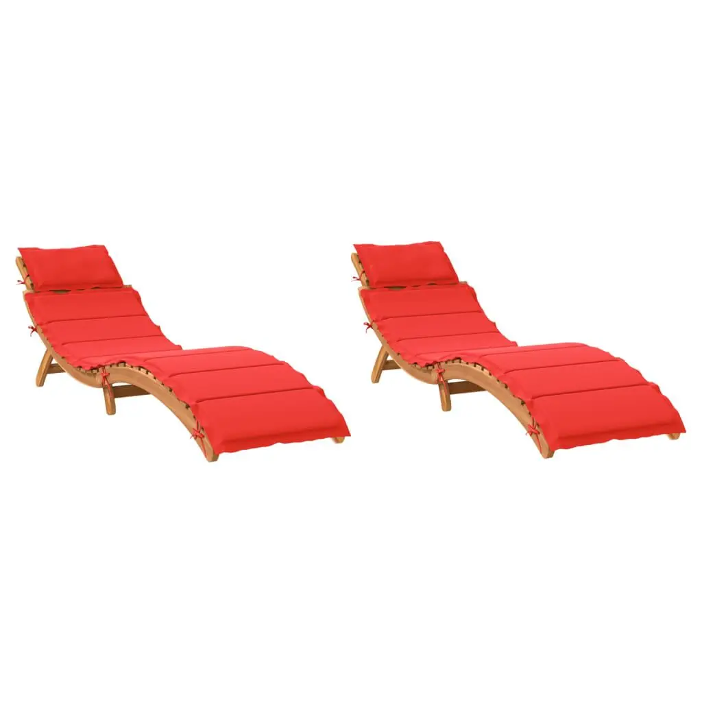 Red Solid Wood Acacia Sun Loungers Cushions 2 Piece Set Outdoor Patio Furniture