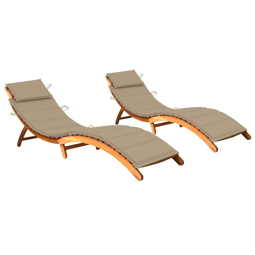 Solid Acacia Wood Sun Loungers Cushions 2 Piece Set Outdoor Patio Furniture