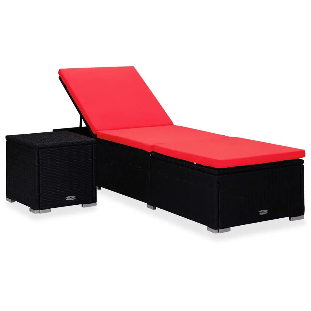 Sun Lounger Cushion and Tea Table Poly Rattan Red Outdoor Relaxation