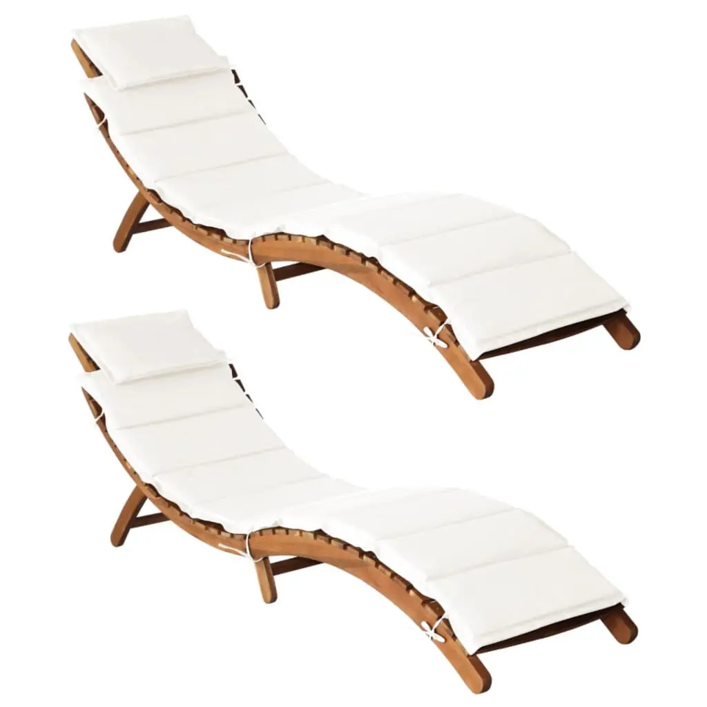 Sun Loungers Cushions 2 pcs Cream White Solid Wood Acacia Outdoor Patio Set