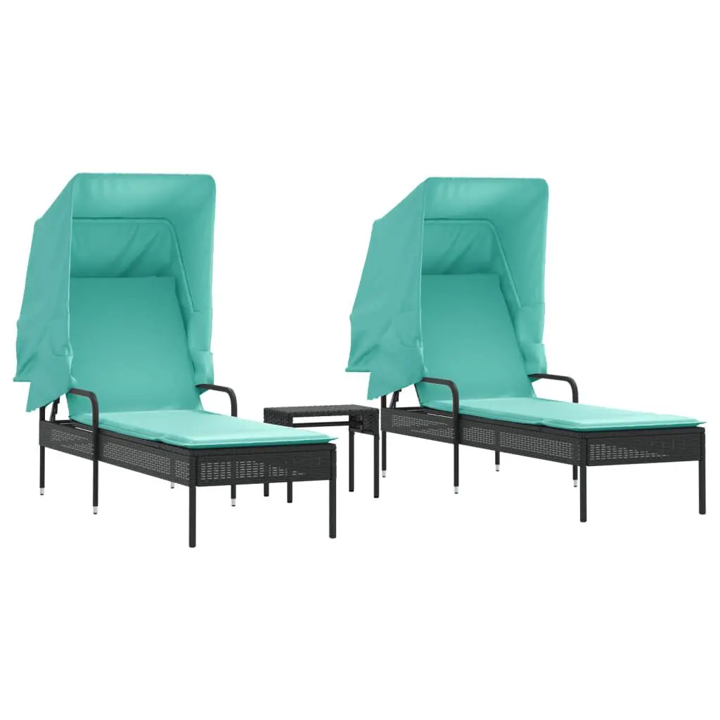 Sun Loungers 2 pcs Canopies and Table Black Poly Rattan Outdoor Set