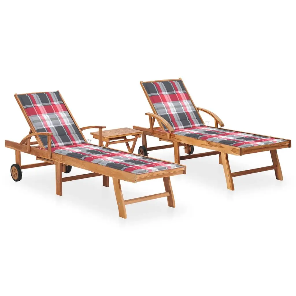 Sun Loungers 2 pcs Table and Cushion Solid Teak Wood Outdoor Patio Set