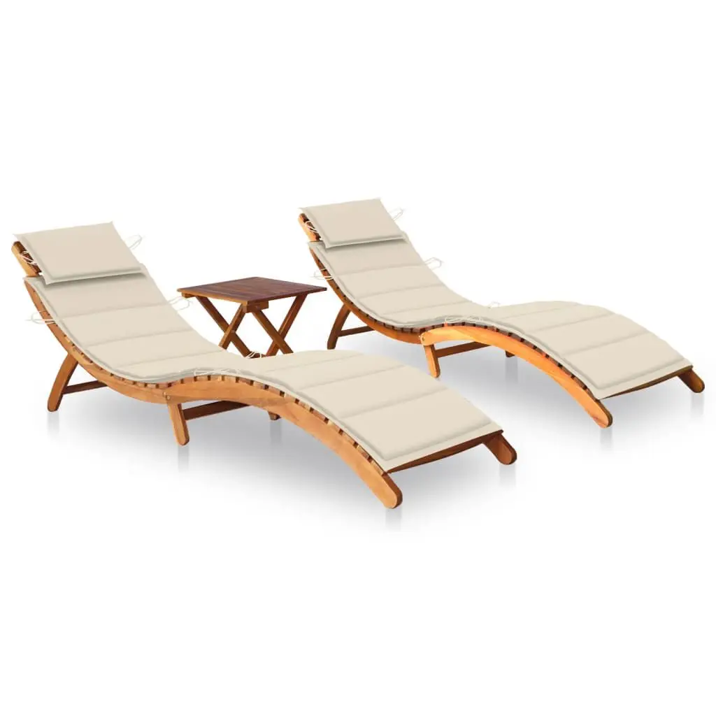 Sun Loungers 2 Pieces Table and Cushions Solid Acacia Wood Outdoor Set