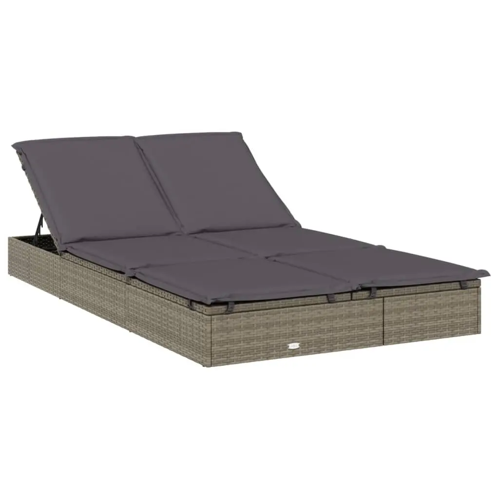 2-Person Sunbed Cushions Gray Poly Rattan Outdoor Lounge Bed