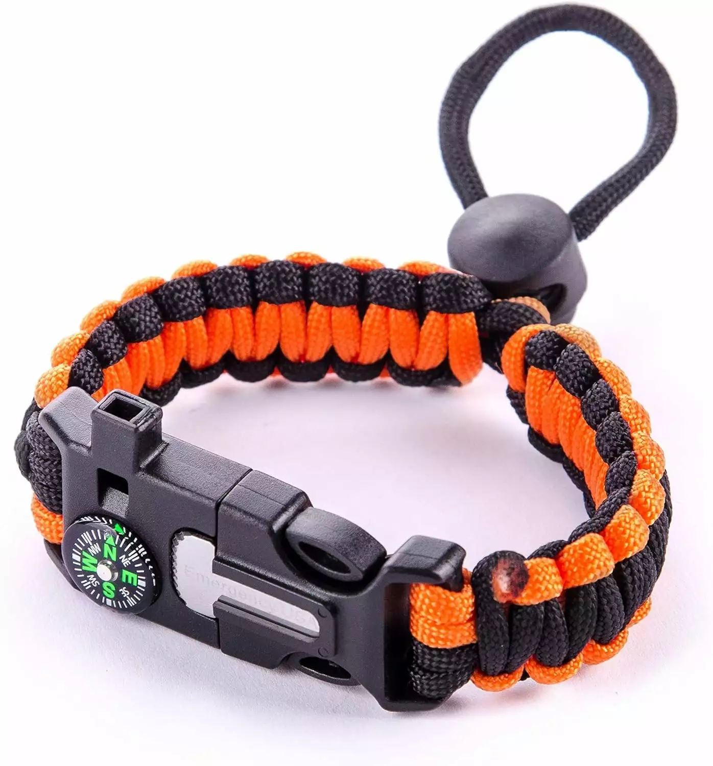 EMERGENCY USA Paracord Bracelet Adjustable Size Fire Starter and Loud Whistle Orange Black