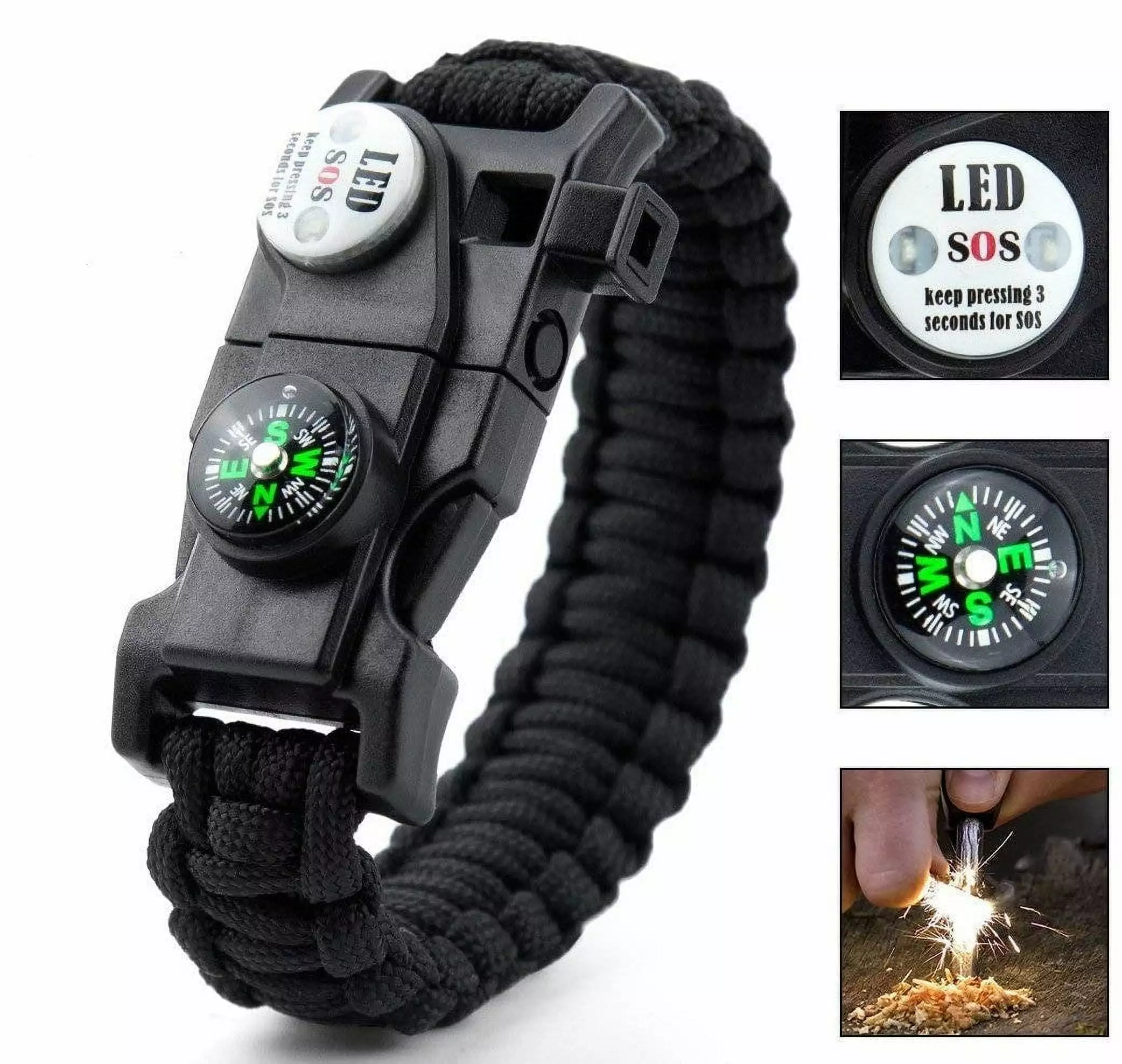 Paracord Survival Bracelet Fire Starter Compass Whistle and SOS LED Light USA Shipping
