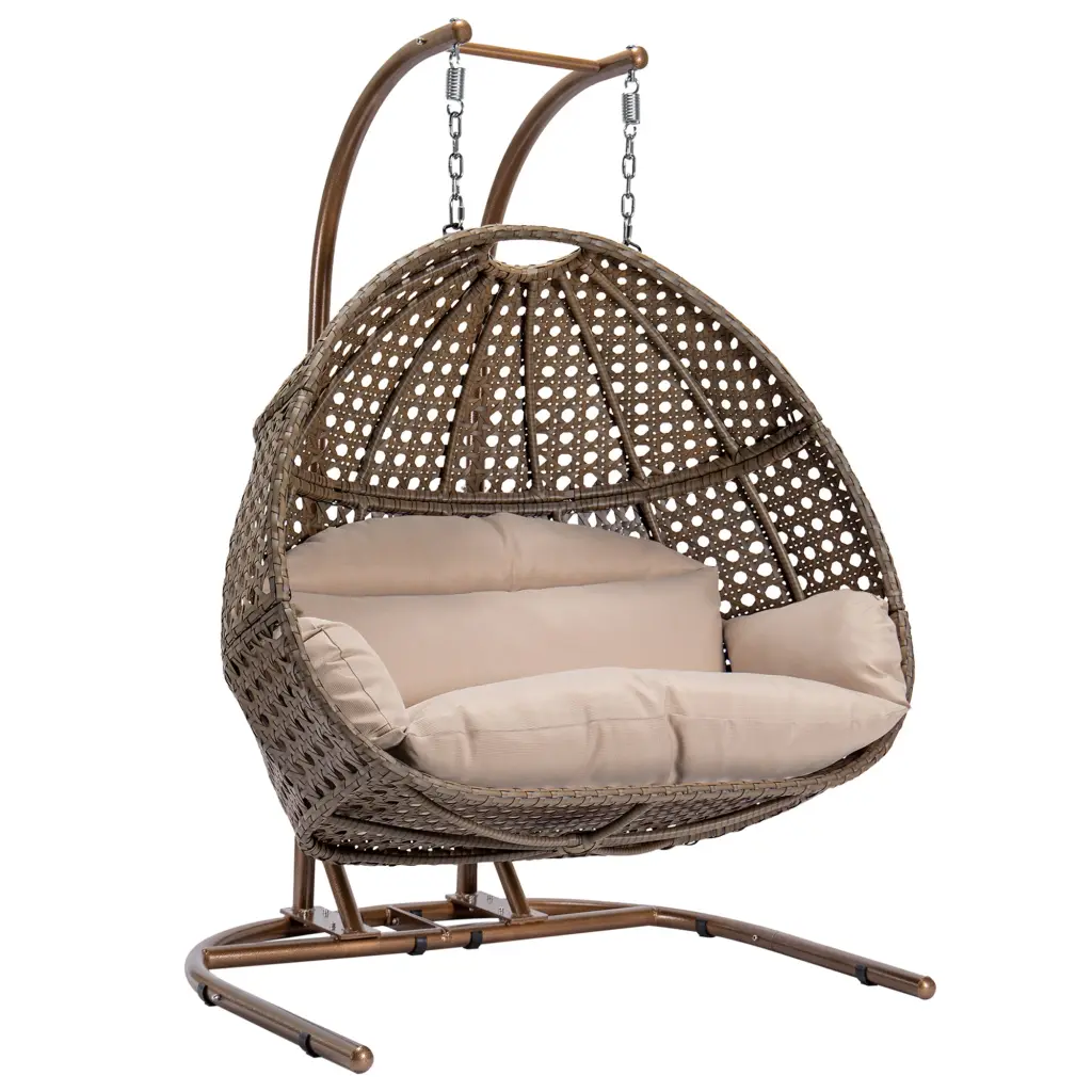 Double Seat Swing Chair Stand And Cushion Brown Beige Cotton Rattan Outdoor Garden Patio rnb