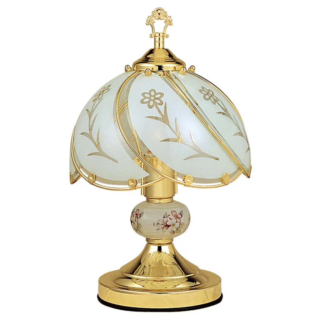 14.25 Inch Tall Touch Table Lamp Brushed Metal Finish and Floral Patterned Glass california home