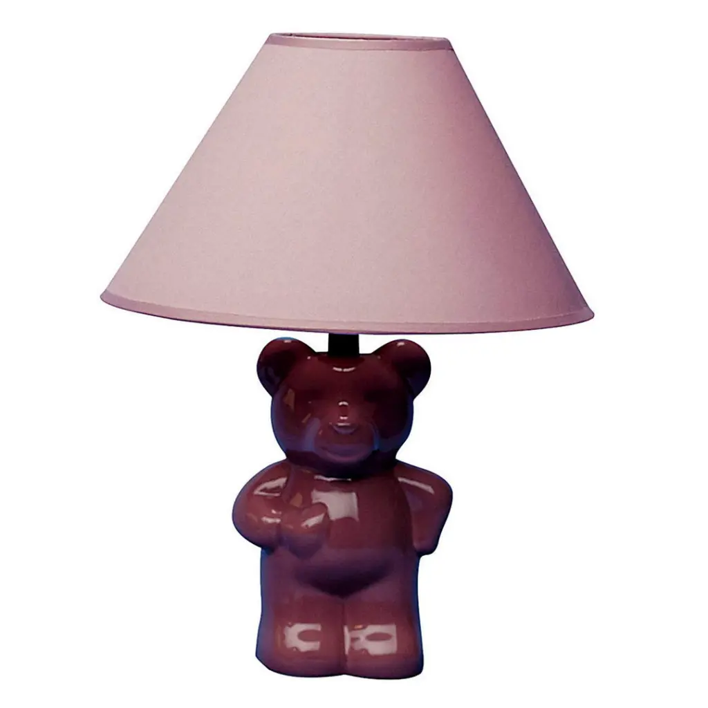 13" Tall Porcelain Table Lamp Teddy Bear Design Pink Finish Linen Shade california home