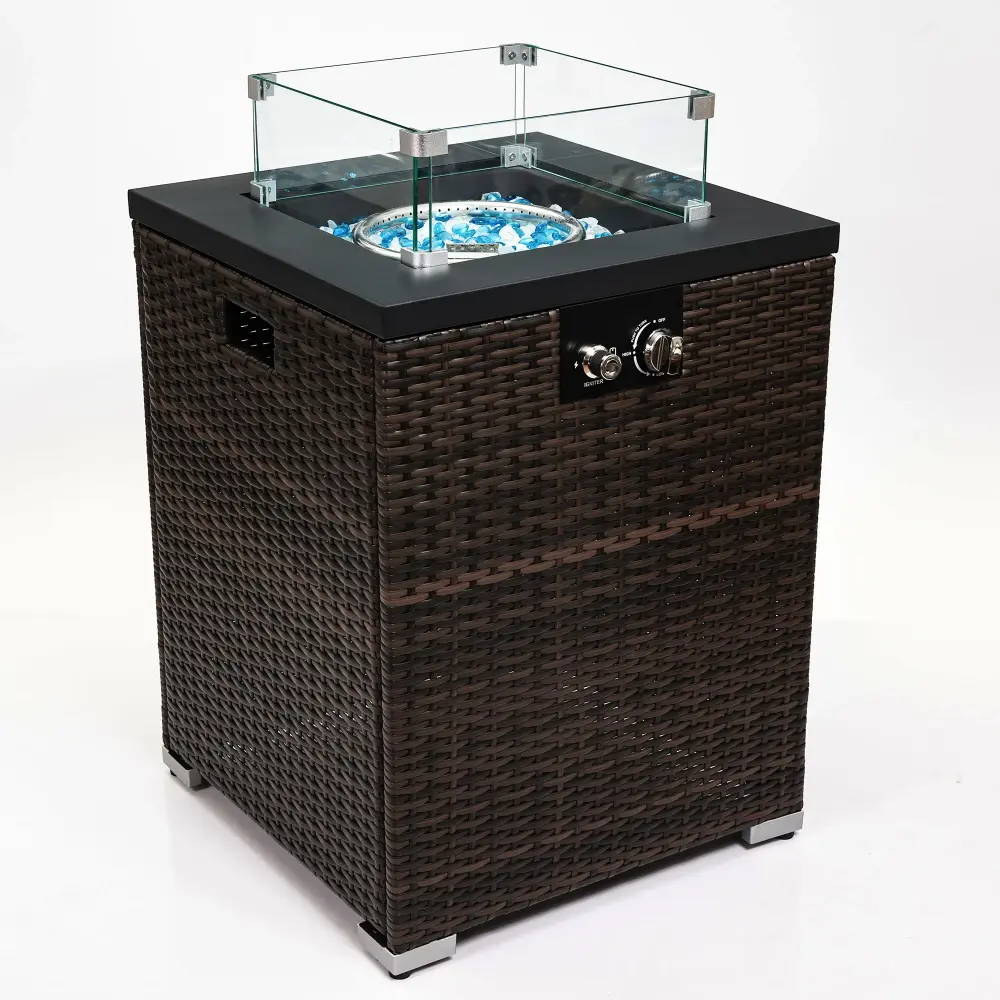 Propane Gas Square Fire Pit, Tile Freestanding Beautiful Wicker Base Outside Compatible Propane Tank