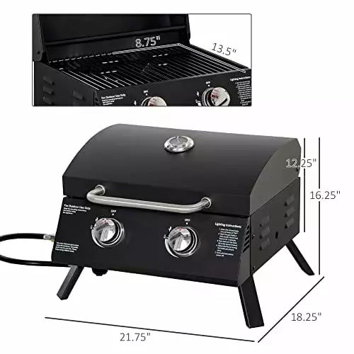 Outsunny 2 Burner Propane Gas Grill Outdoor Travel-friendly Tabletop BBQ Foldable Legs and Thermometer