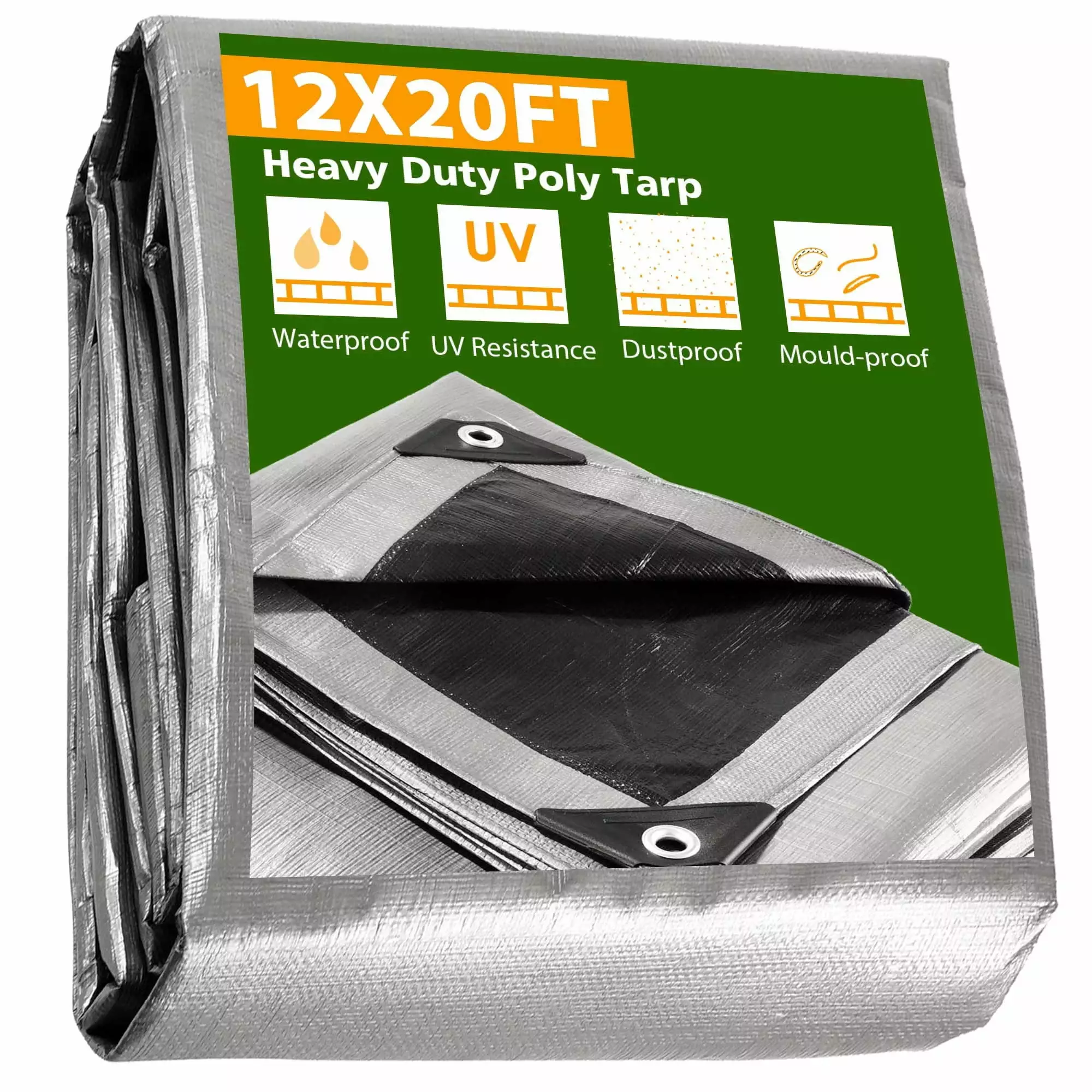 EEPHO 12x20 Feet Heavy Duty Poly Tarp Silver Black Waterproof Outdoor Cover