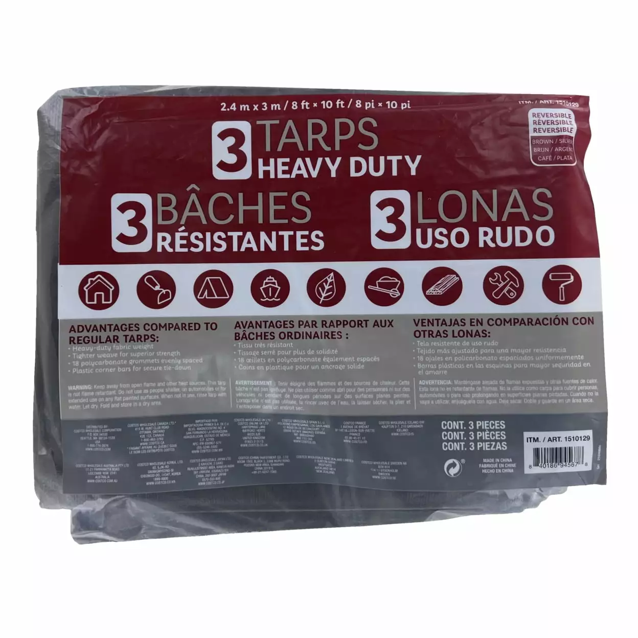 8' x 10' Reversible Tarp Brown Pack 3 Multipurpose Outdoor Use Heavy Duty Tarps