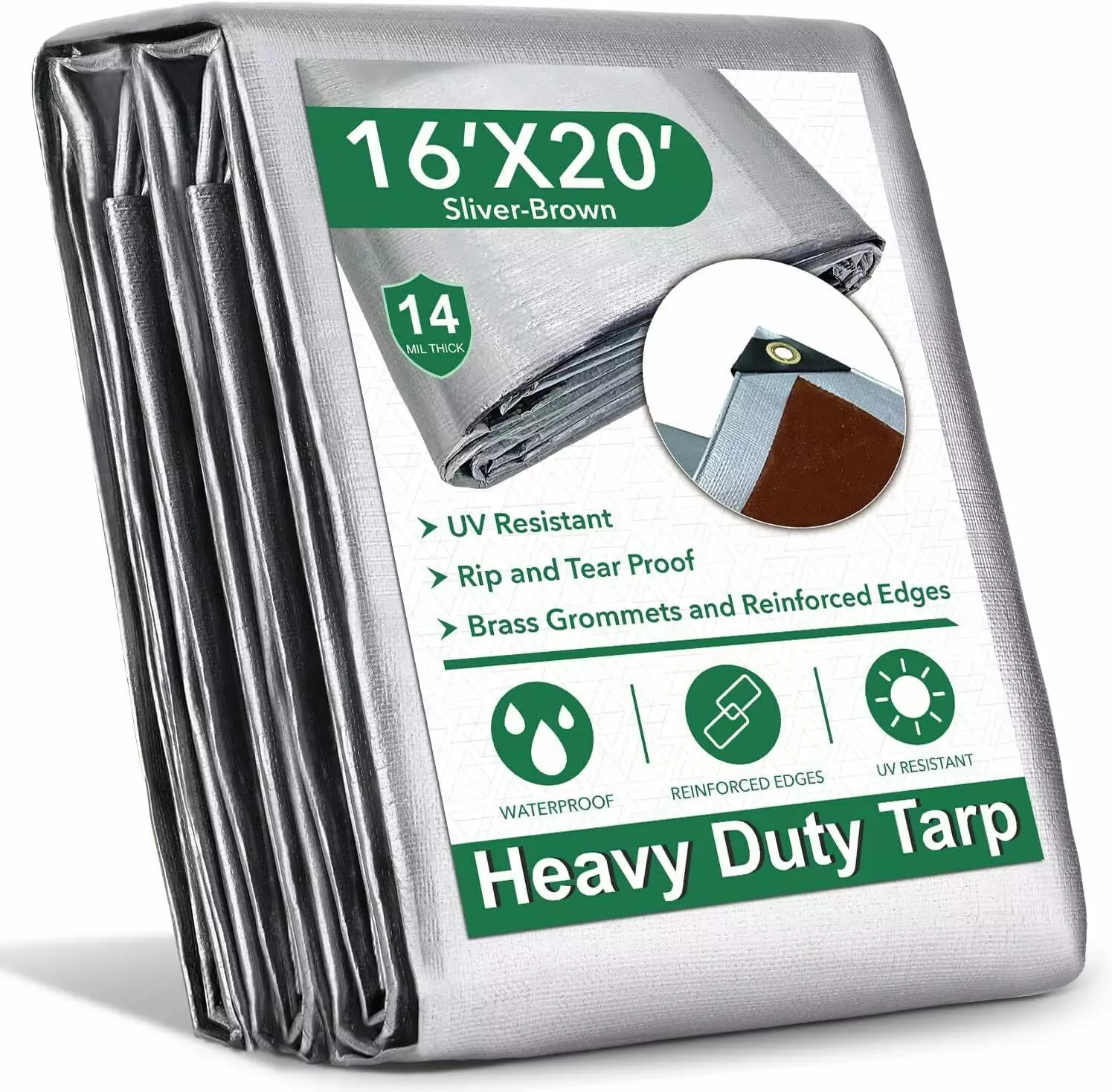 16 x 20 ft 14 Mil Heavy Duty Waterproof Tarp Cover Silver Brown UV Resistant Poly Tarpaulin ICERUN