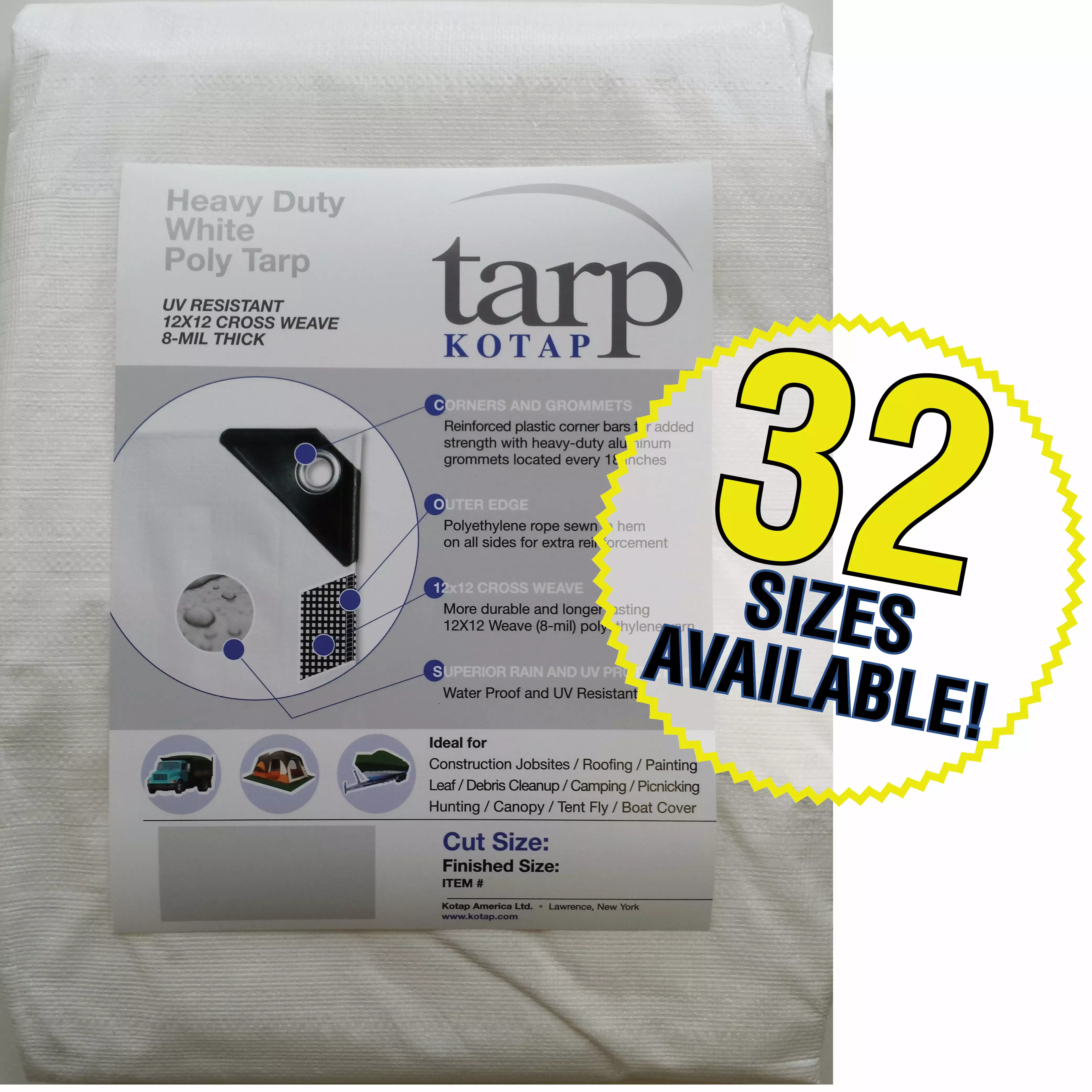 Kotap 10x20 ft Heavy Duty White Poly Tarp 12x12 Cross Weave 8-mil Waterproof Cover