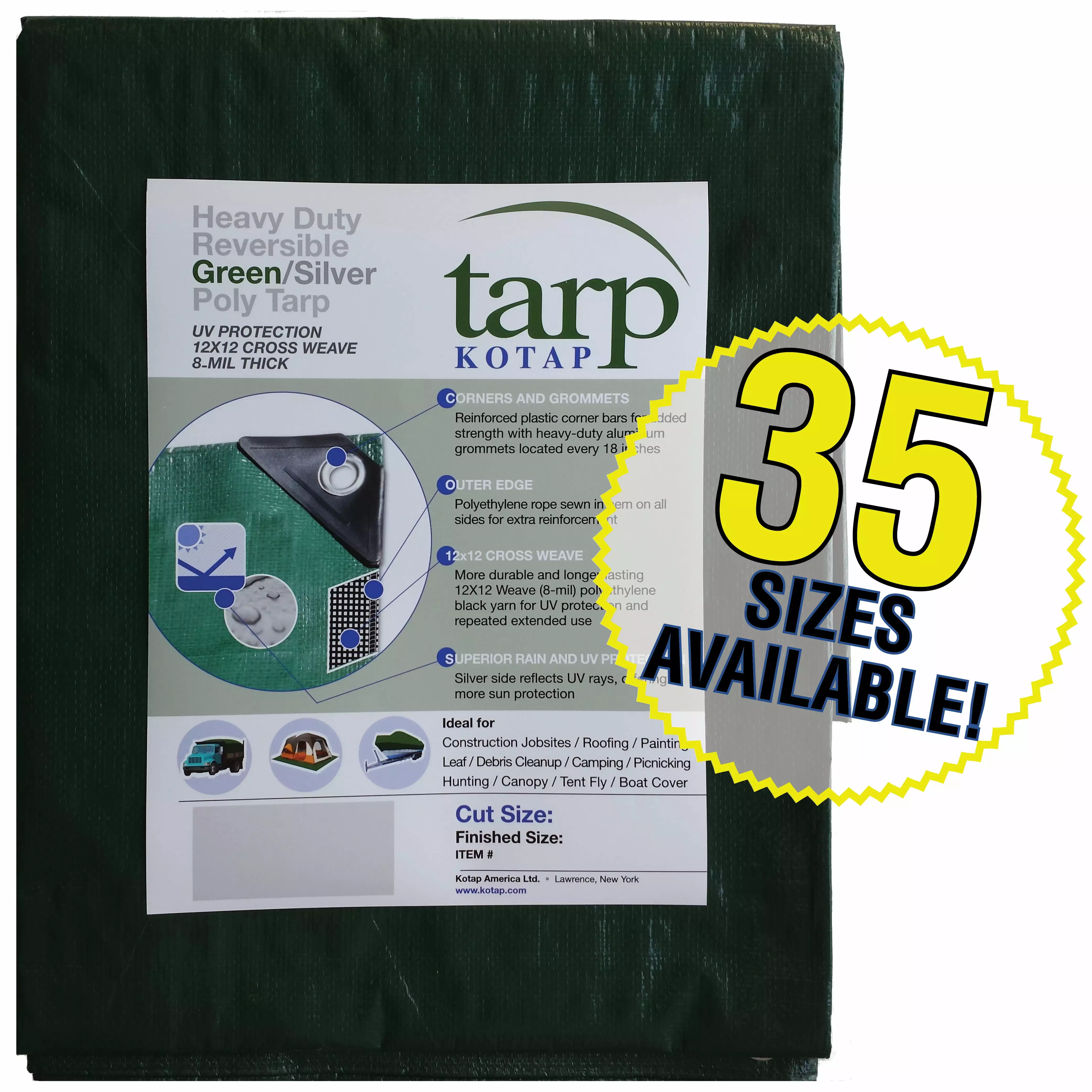 Kotap 12x22 Heavy-Duty Cross Weave 8-mil Reversible Green Silver Poly Tarp