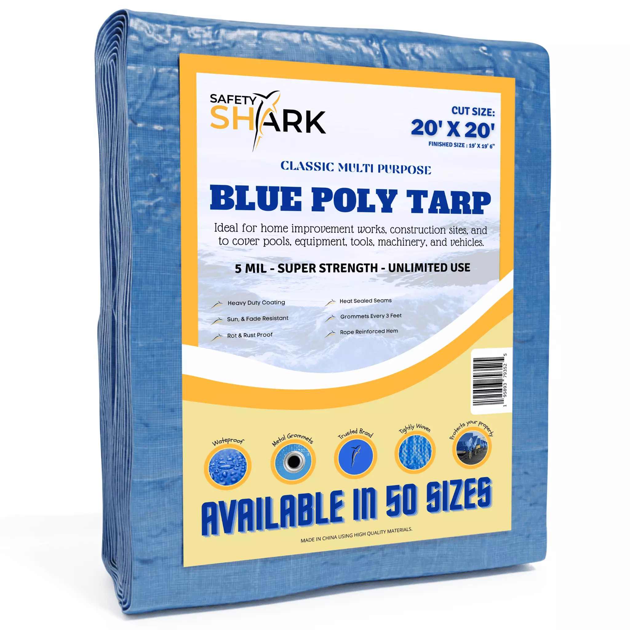 Safety Shark 20x20 Ft Heavy Duty Waterproof Outdoor Weather Cover Tarp