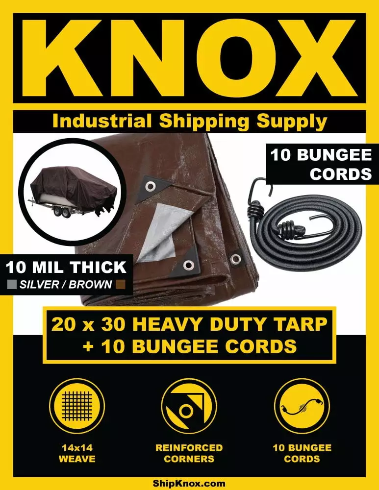 ShipKNOX 10 Mil Silver Brown Tarp 20x30 Feet Bungees Heavy Duty Waterproof Cover Outdoor Use
