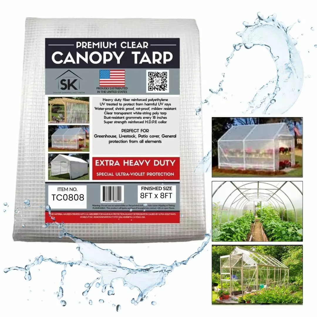 Skilcut 8x8 Clear UV Resistant Extra Heavy Duty 16 Mil Poly Tarp Outdoor Protection