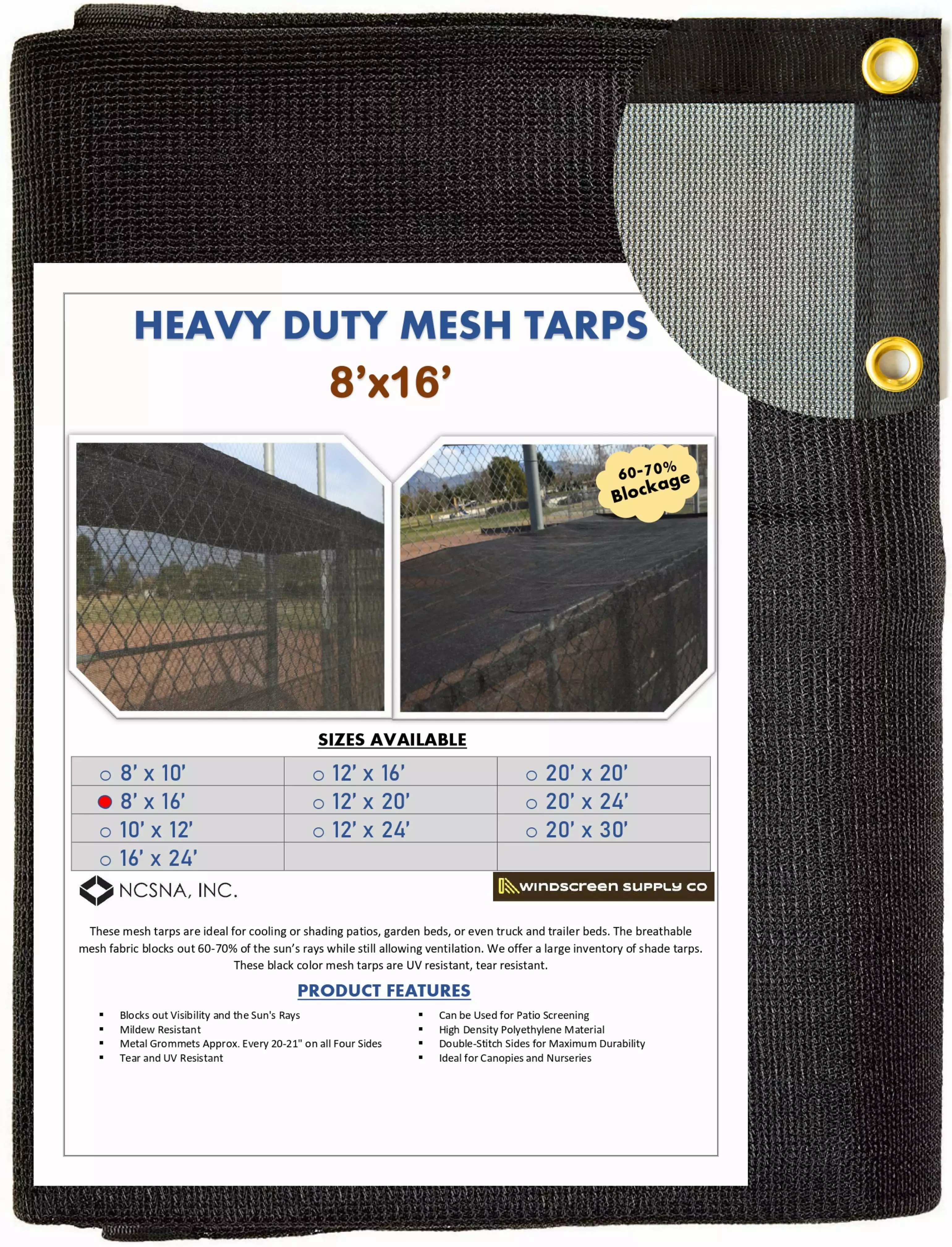 Heavy Duty 8x16 Feet Black Knitted Mesh Tarp Grommets 60-70% Shade Cover Windscreen Supply
