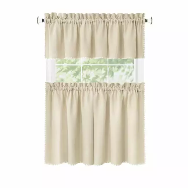 58 x 36 . Kendal Tier & Valance Window Curtain Set - Tan & White
