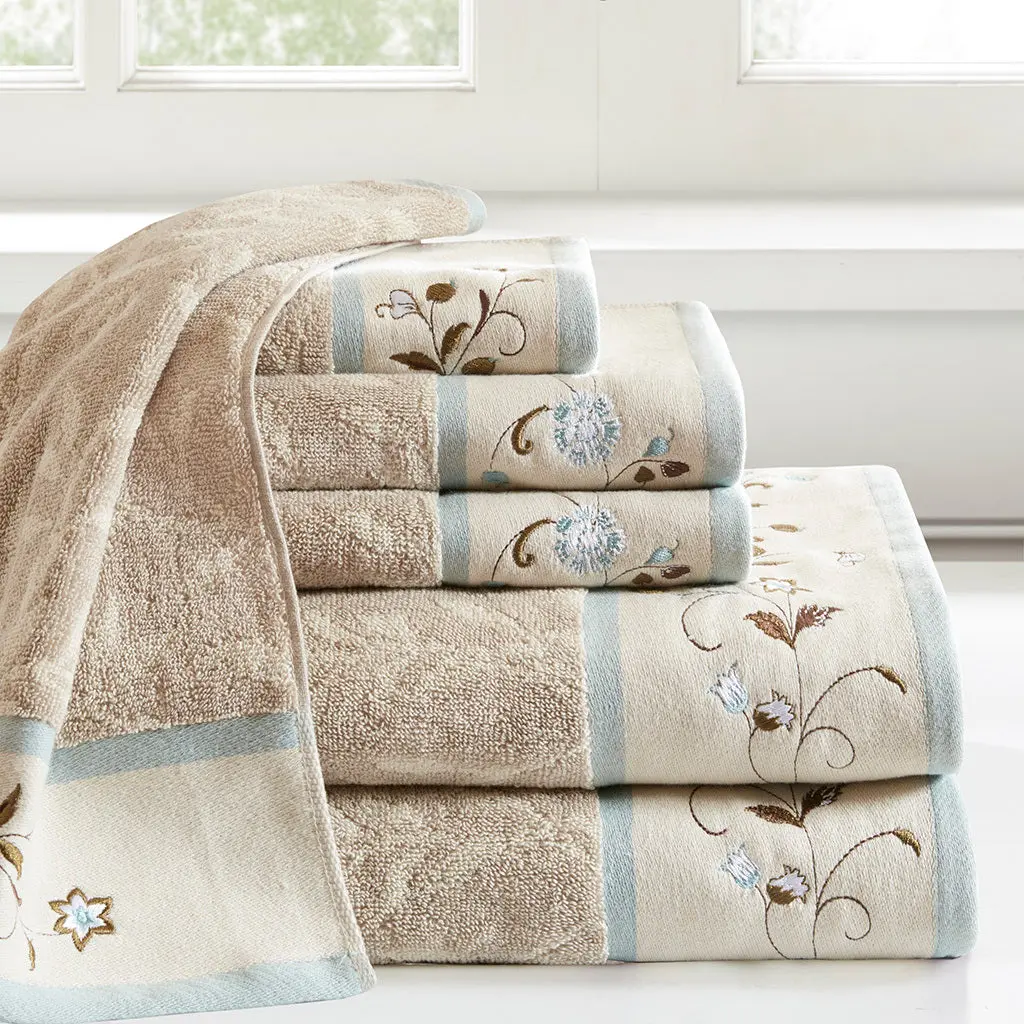 Embroidered Cotton Jacquard 6 Piece Towel Set Blue Cotton Bath Linens jla