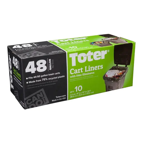 Toter GB048-R1000 Trash Cart Liner Plastic Black 48 Gallon 10-Count Waste Management