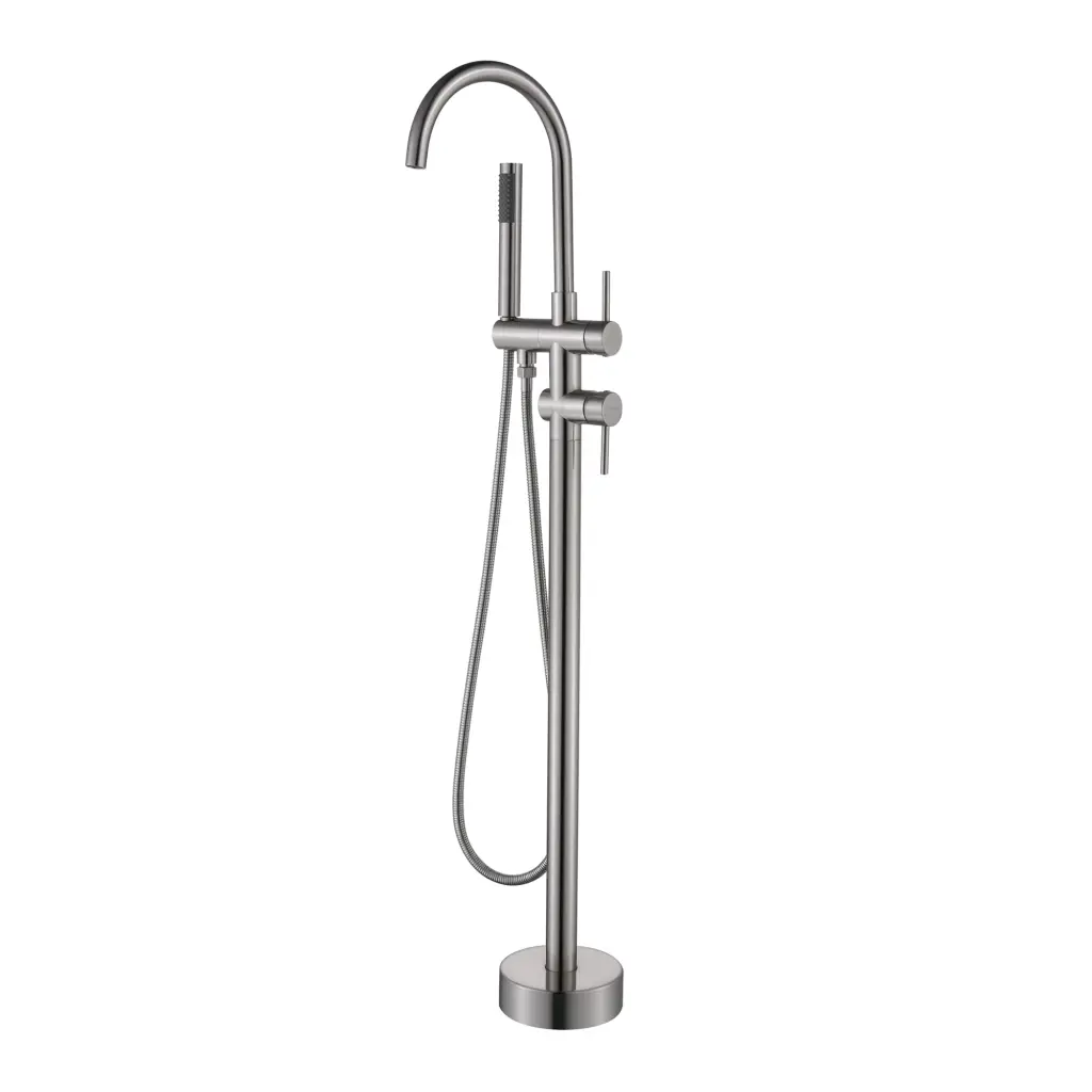 Trustmade Double Handle Freestanding Tub Filler Handshower Brushed Nickel Bathroom Fixture w969 -modern muse-