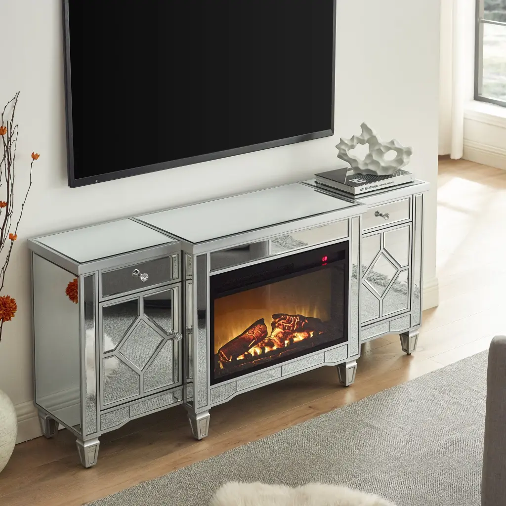 57 Inch Flash Shiny Metal Combination TV Fireplace Cabinet Modern Living Room Entertainment Center kai lee- mirror arts-fu...