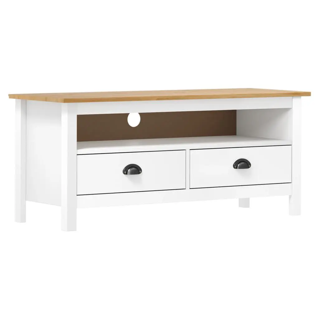 TV Stand Hill White 43.3x15.7x18.5 Inches Solid Pine Wood Living Room Furniture