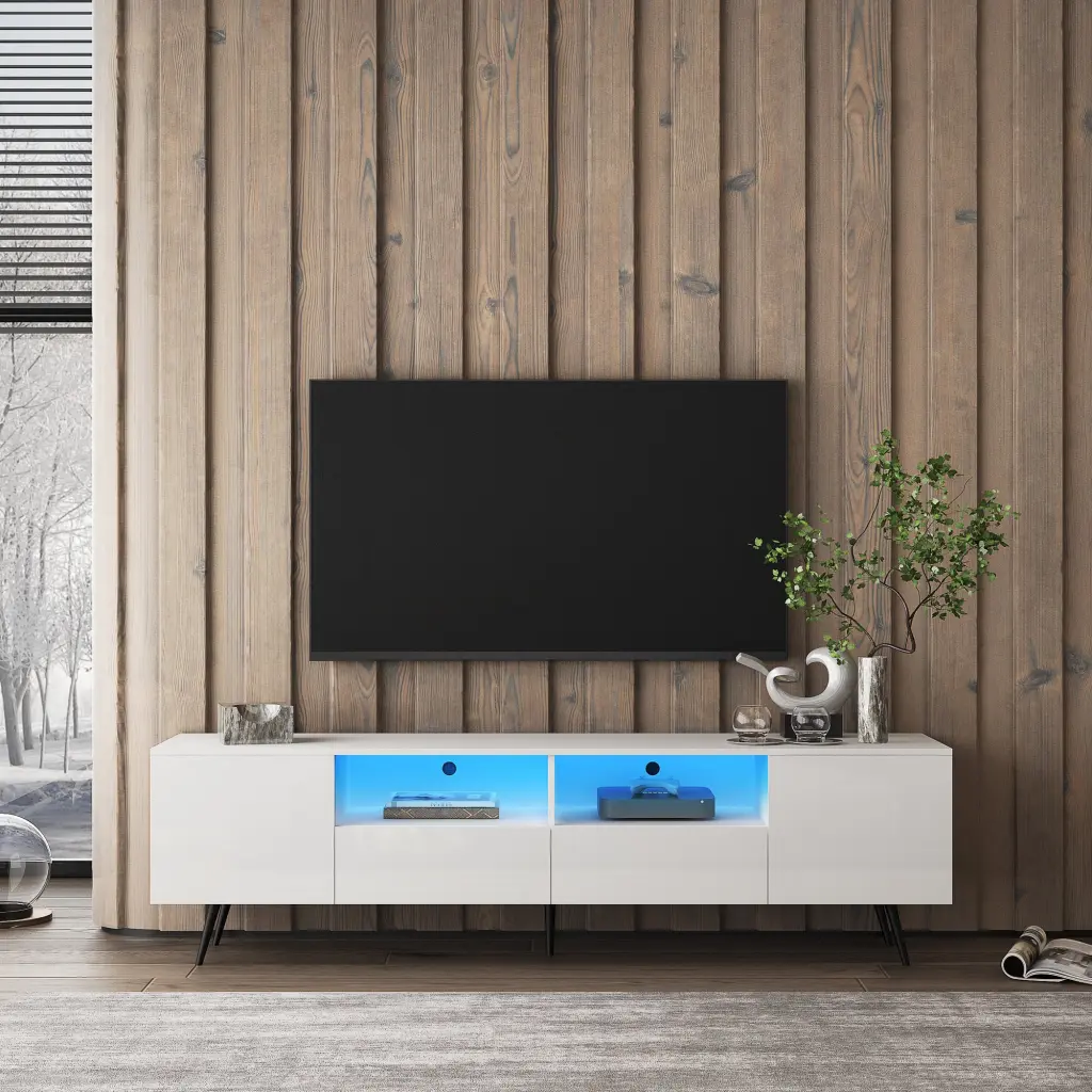 Modern White TV Stand 16 Color LED Lights Remote Control dasenwood