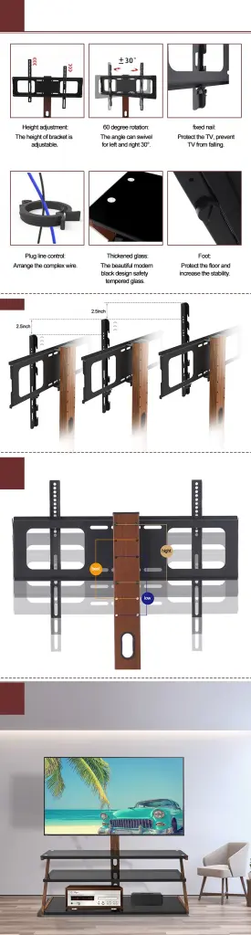 Tempered Glass Swivel Floor Media Stand Height Customizable Universal jws-w241