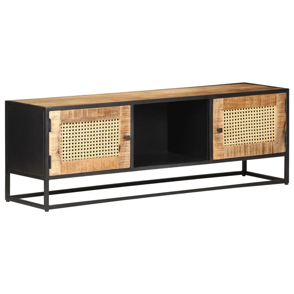 TV Stand 47.2x11.8x15.7 Inches Rough Mango Wood and Natural Cane Media Console
