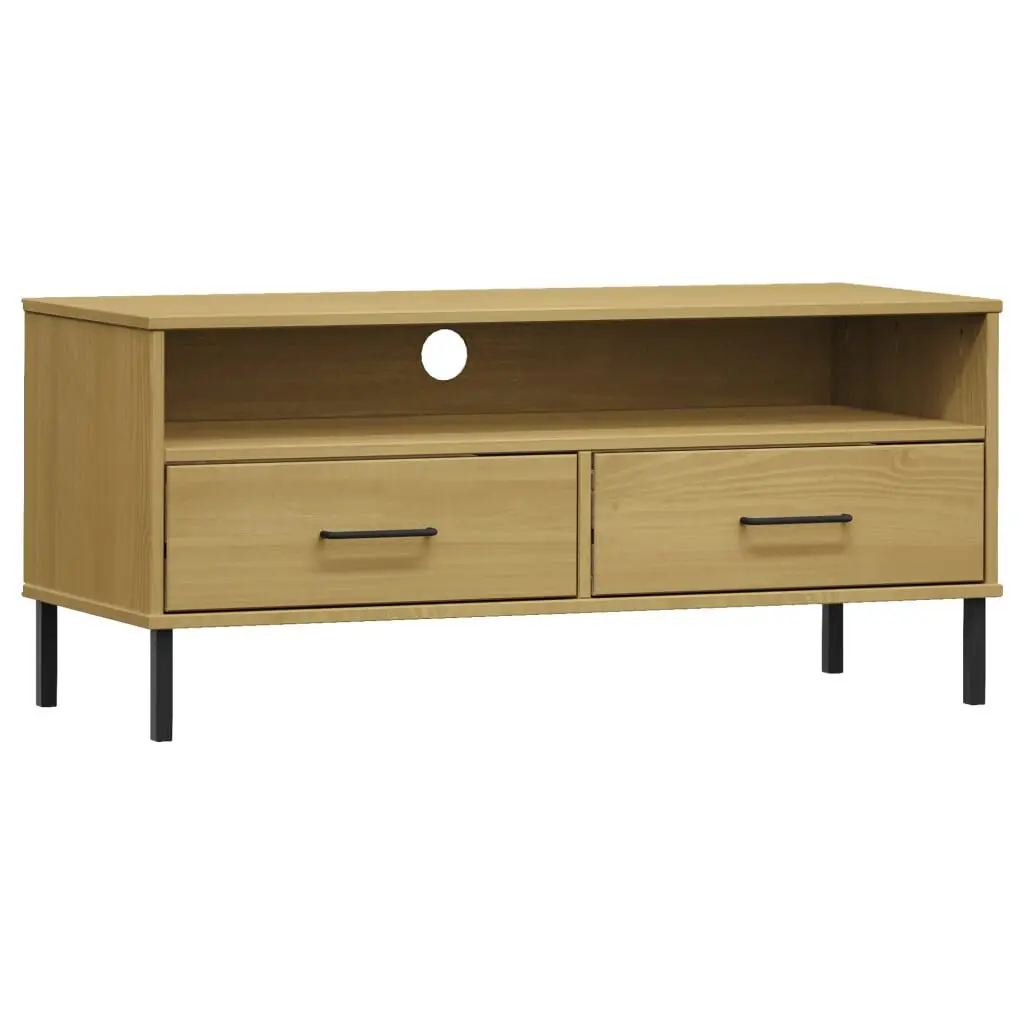TV Stand Metal Legs Brown Solid Wood Pine OSLO Entertainment Center