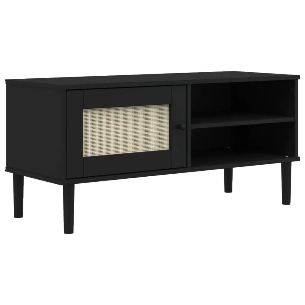 TV Stand SENJA Rattan Look Black 41.7x15.7x19.3 Inches Solid Wood Pine