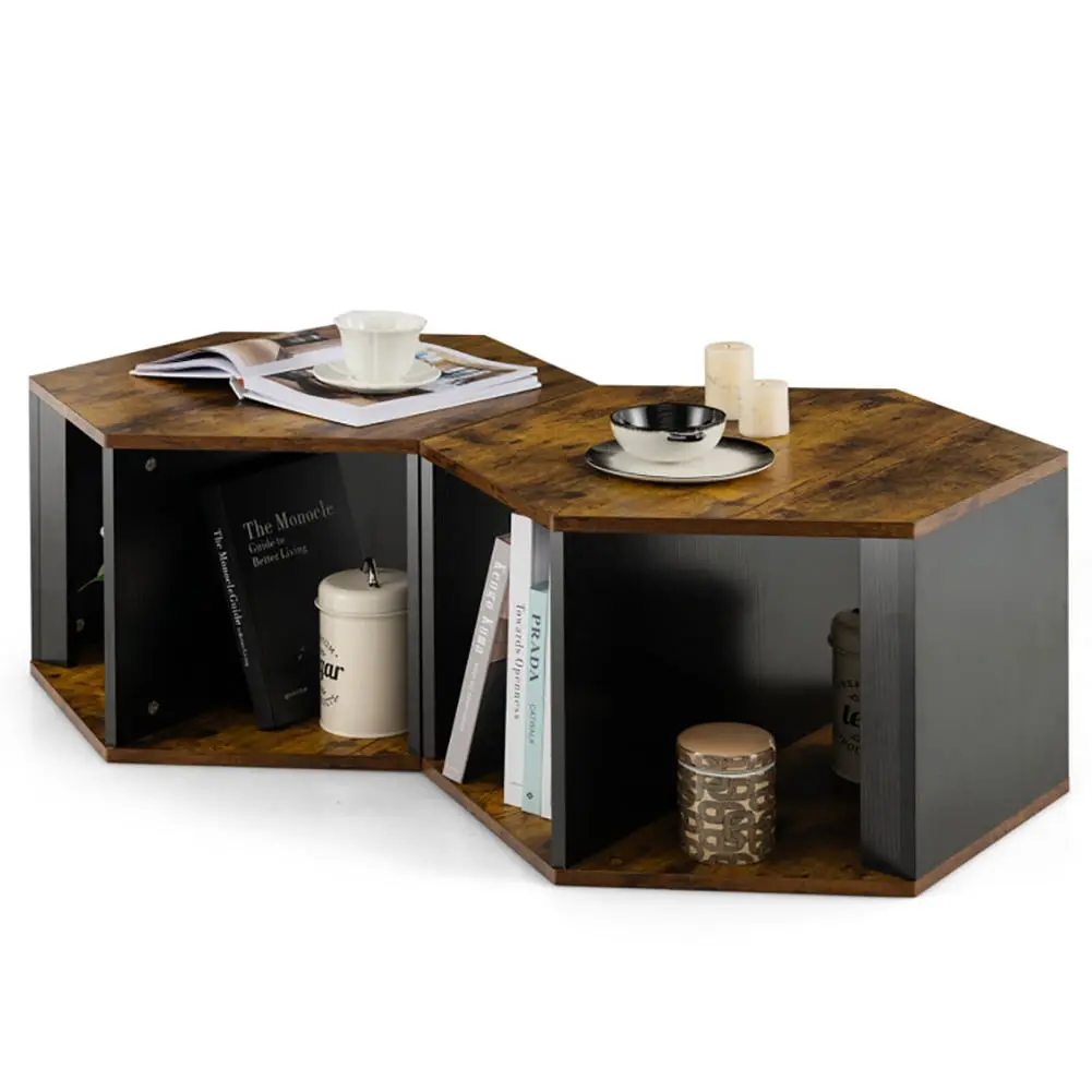 Topcobe Wood and Stable TV Stand Side End Table Set 2 Black and Brown Living Room Tables
