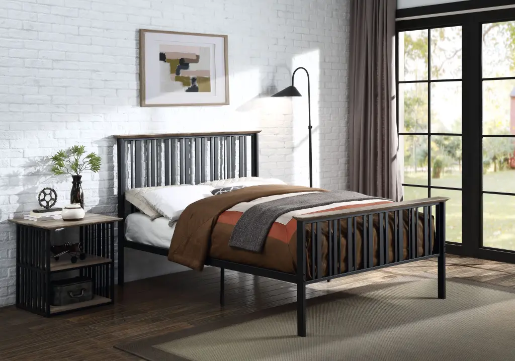 Zudora Twin Bed Antique Oak & Black Finish BD01748F Black MDF Frame acme onsite store