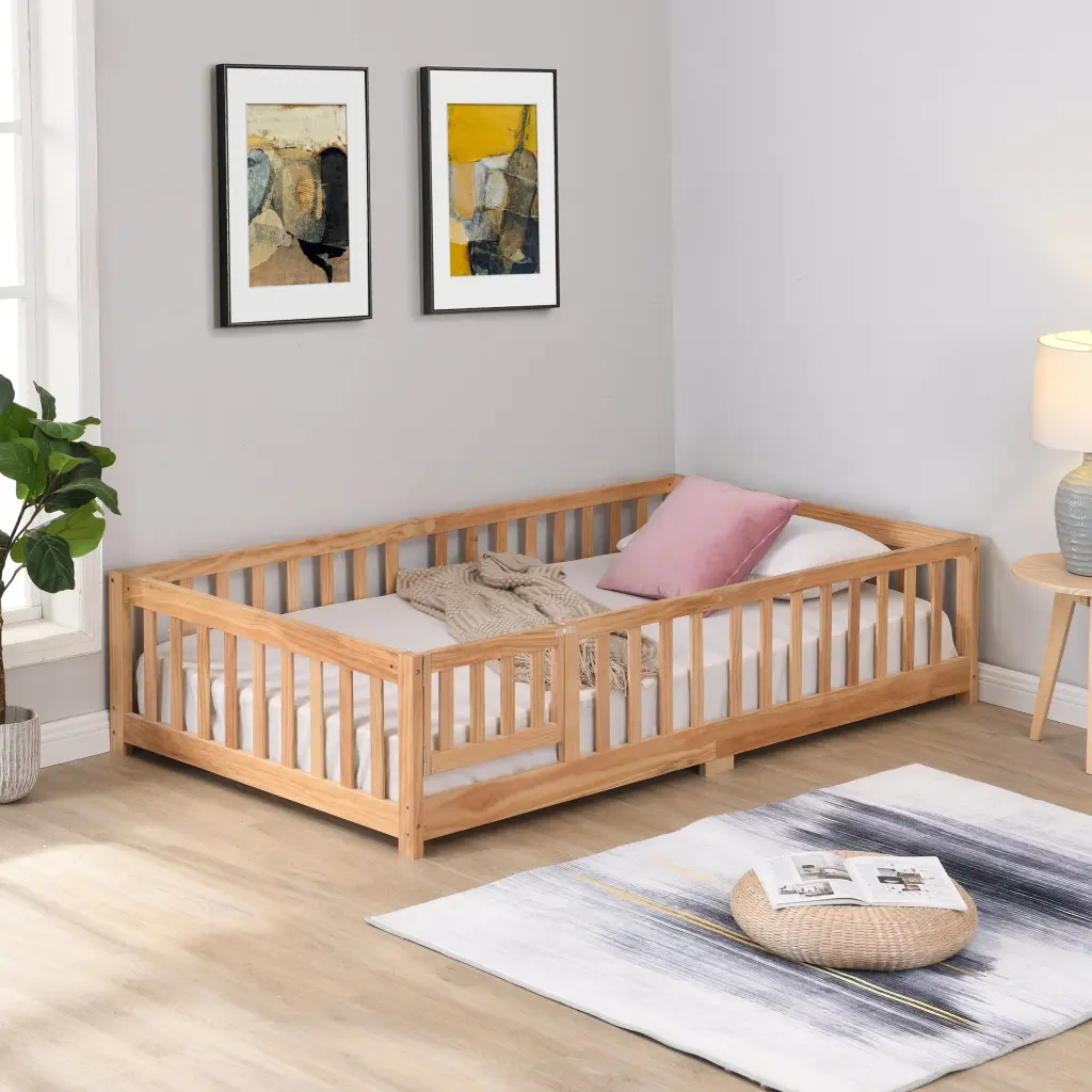 Twin Size Floor Bed Door Solid Wood Platform Bed Frame Fence civilfurniture