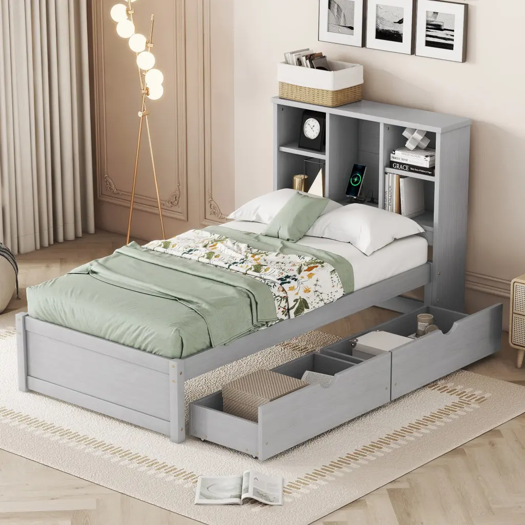 Modern Twin Bed Frame Built- USB Port and Bookcase Headboard fangxing
