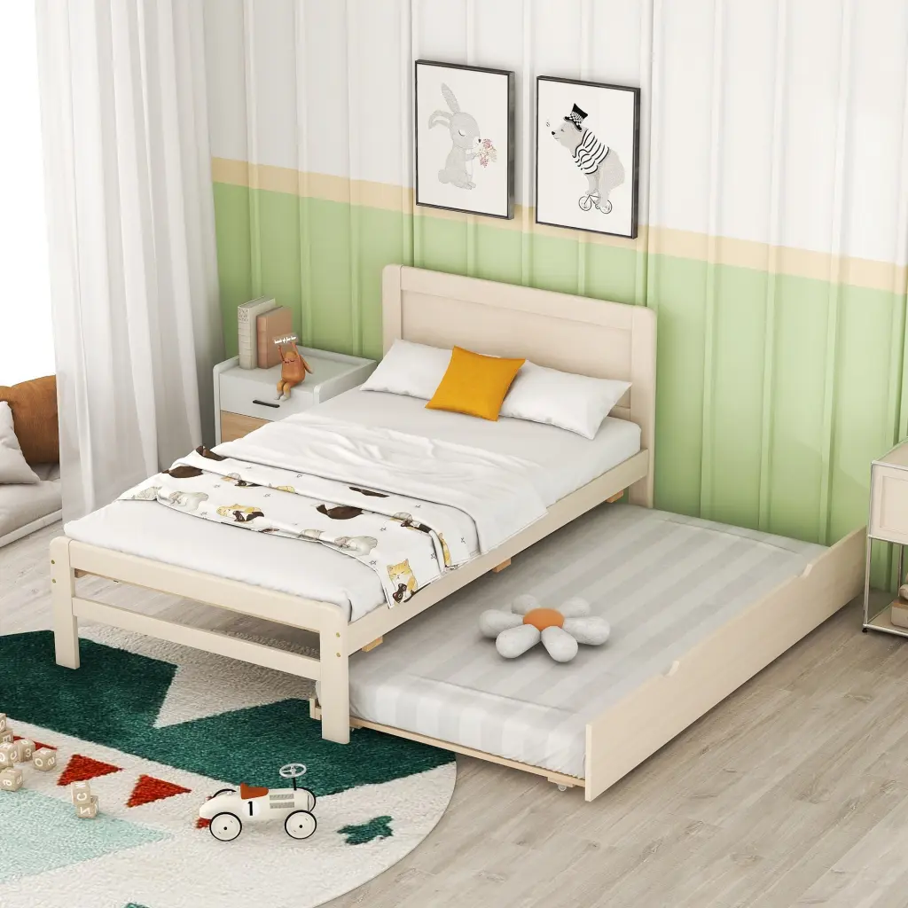 Modern Twin Size Platform Bed Frame Trundle White Wash Finish fangxing