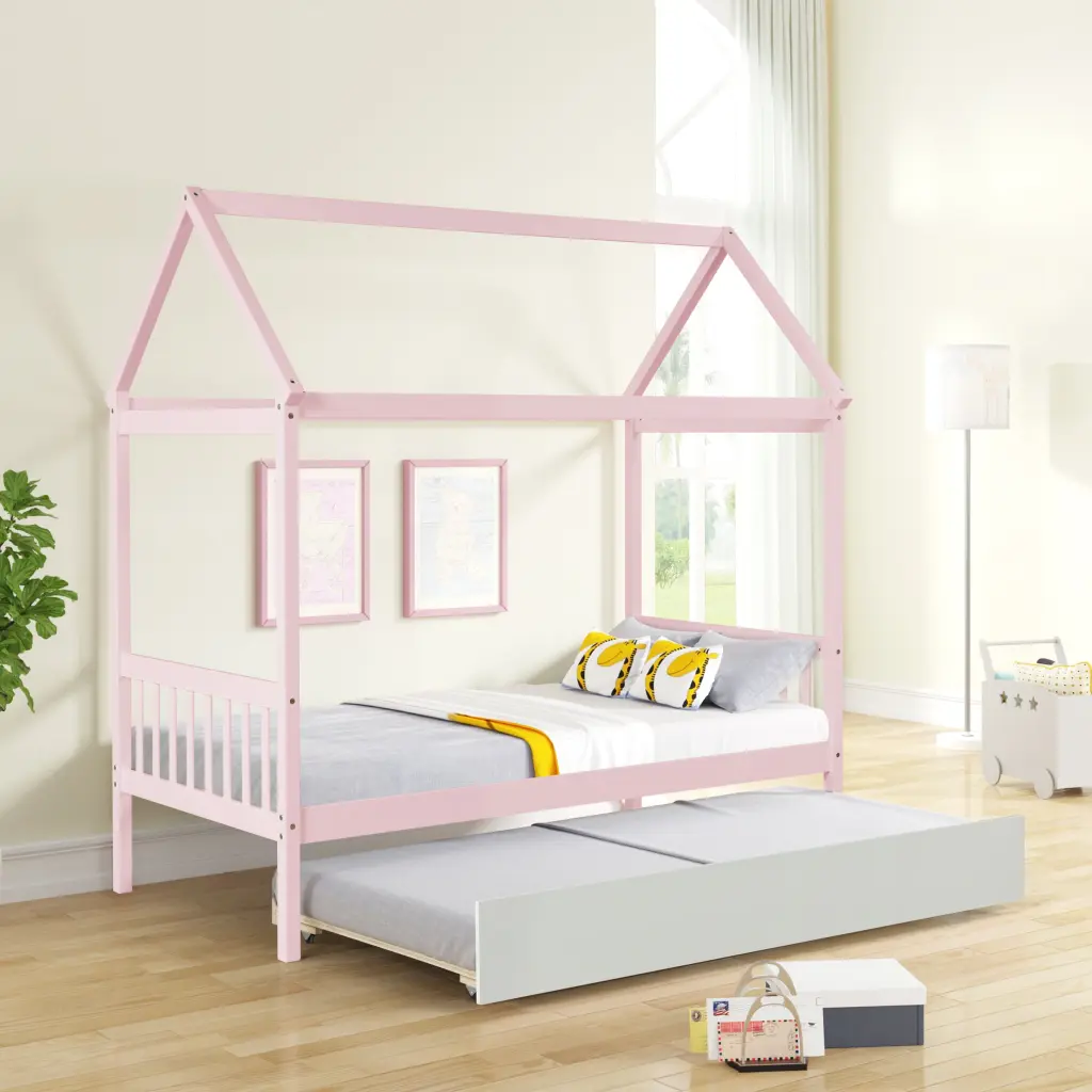 Solid Wood Twin Size House Bed Frame Trundle Warm Pink Finish fangxing