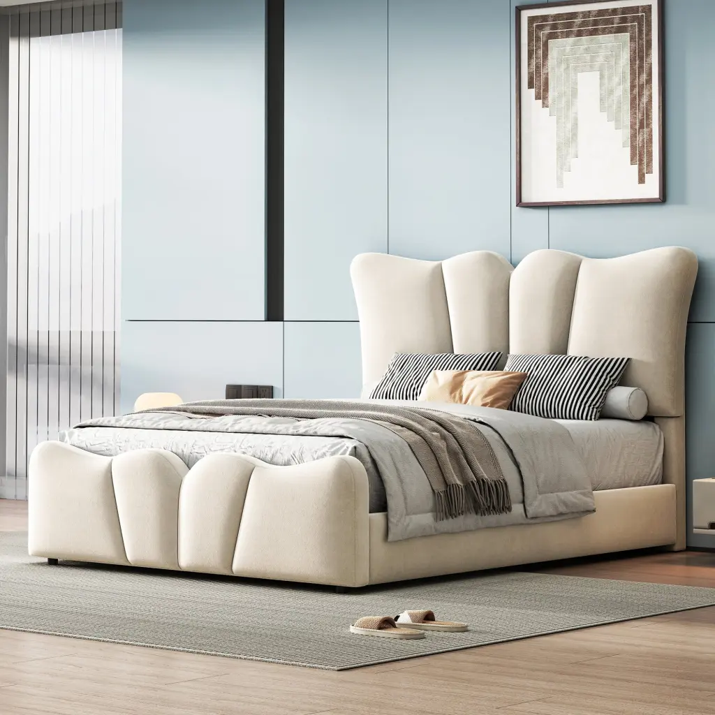Twin Dimensions Upholstered Platform Bed Velvet Upholstered Bed Beige Twin Modern Bedroom Furniture lucky world